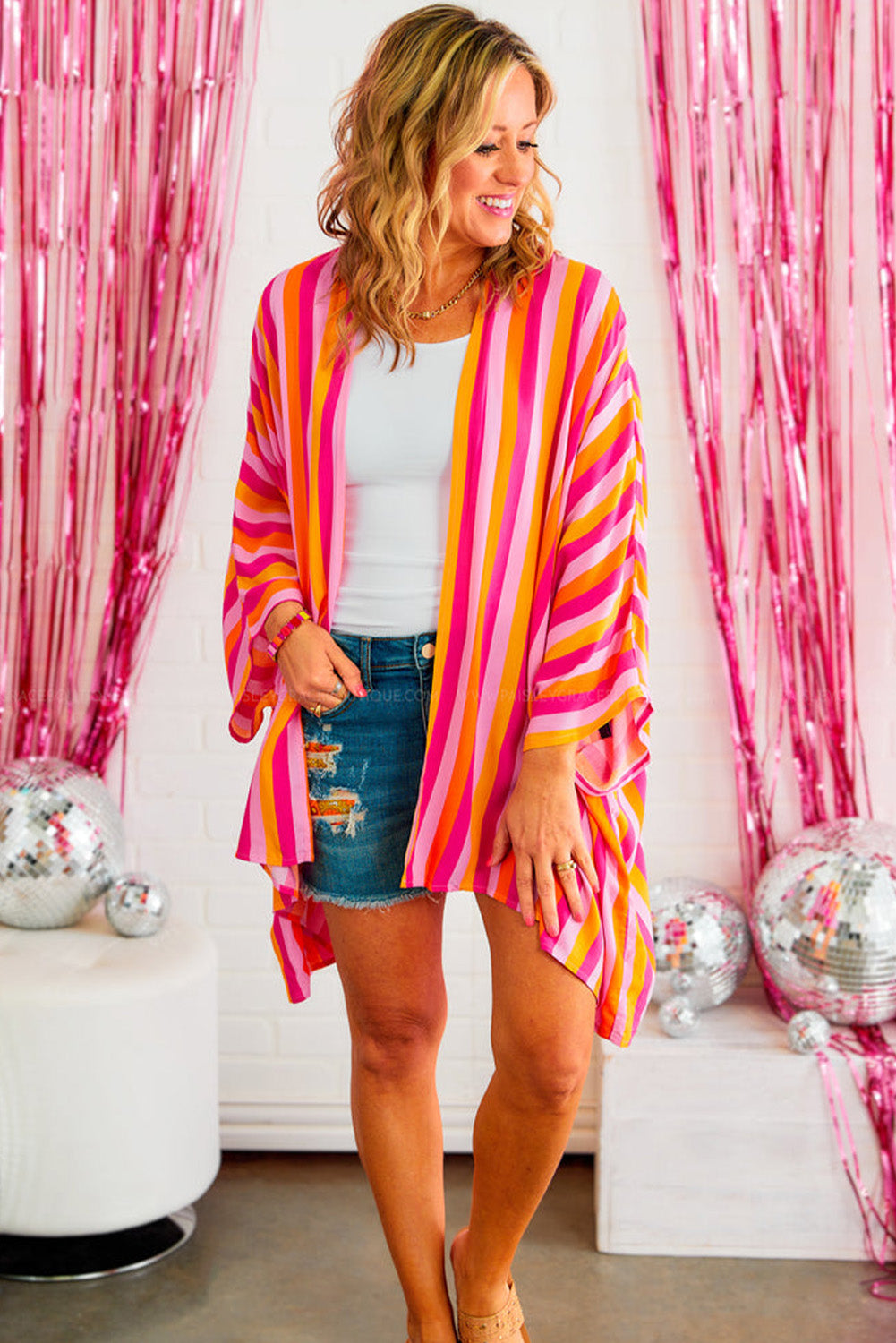 Rose Striped Dolman Sleeve Open Front Kimono