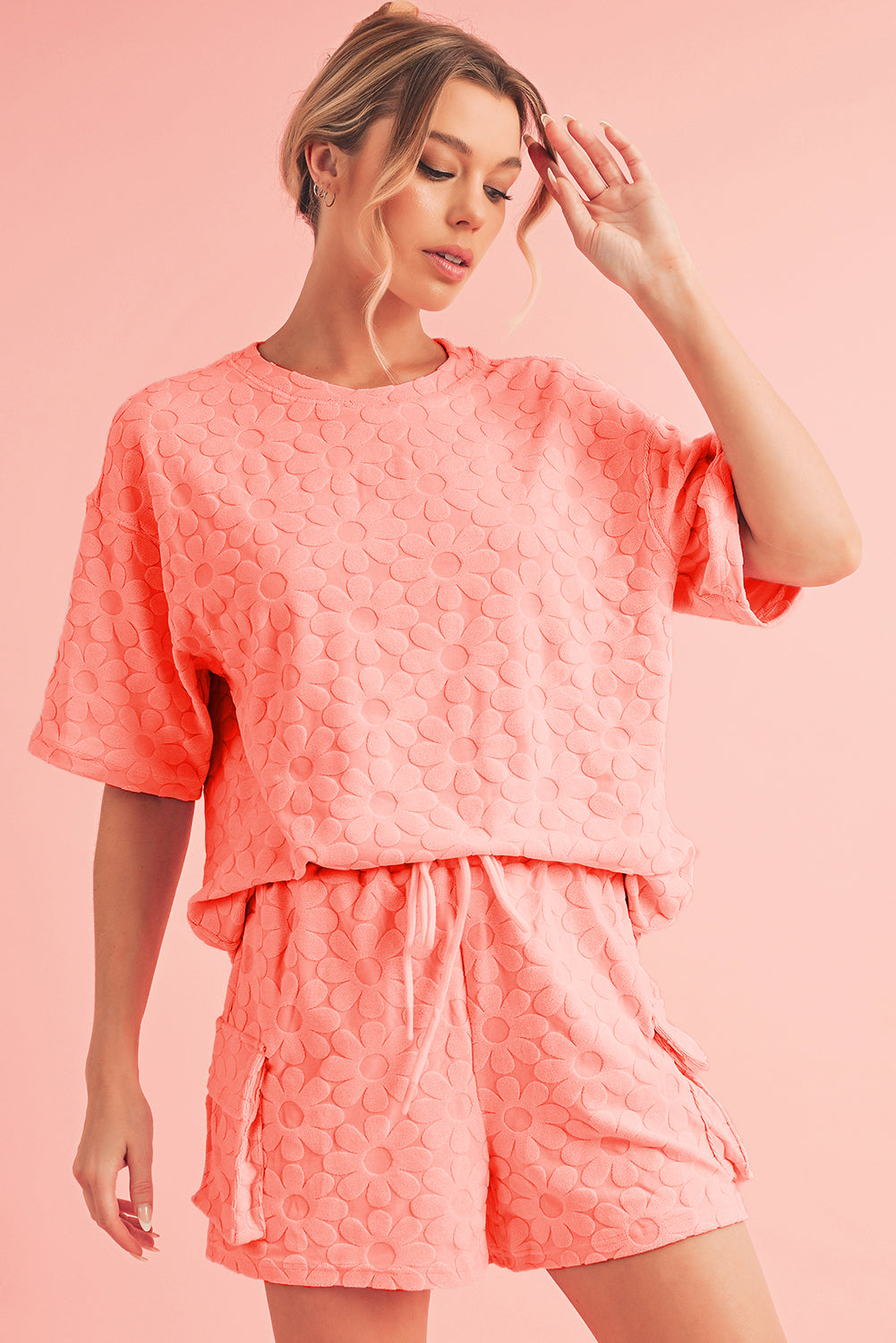 Grapefruit Orange Floral Textured Short Sleeve Top and Shorts Set