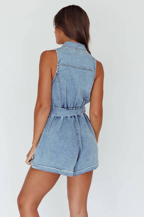 COLLARED WASH DENIM ROMPER