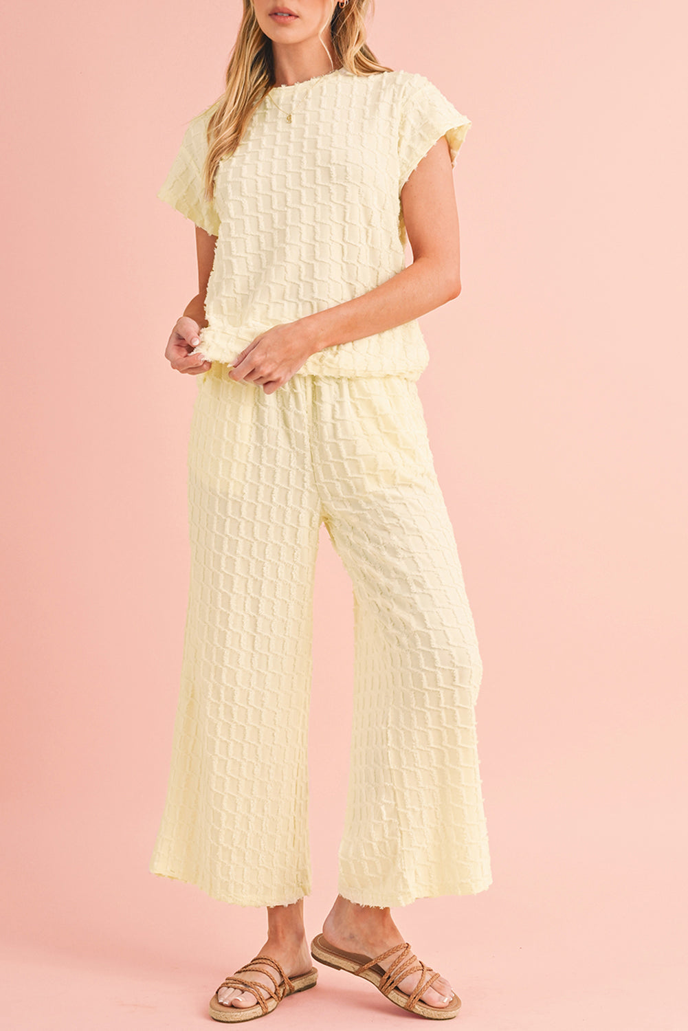 Apricot Lattice Textured Tee and Wide Leg Pants Two-Piece Set