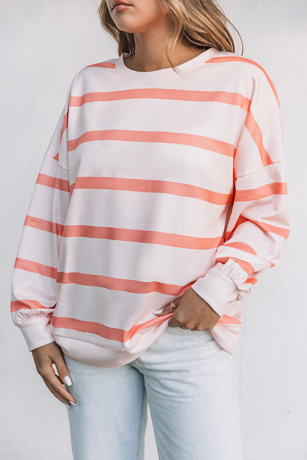 Orange Striped Print Drop Shoulder Pullover Sweatshirt