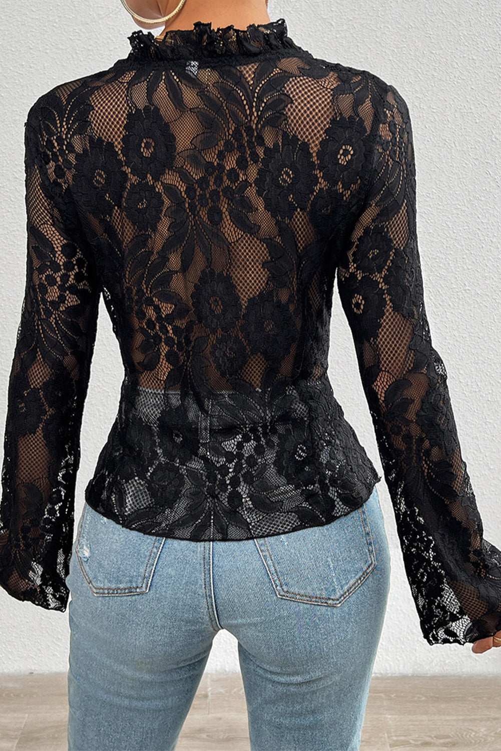 Black Sexy V Neck Hollow Lace Knot Blouse