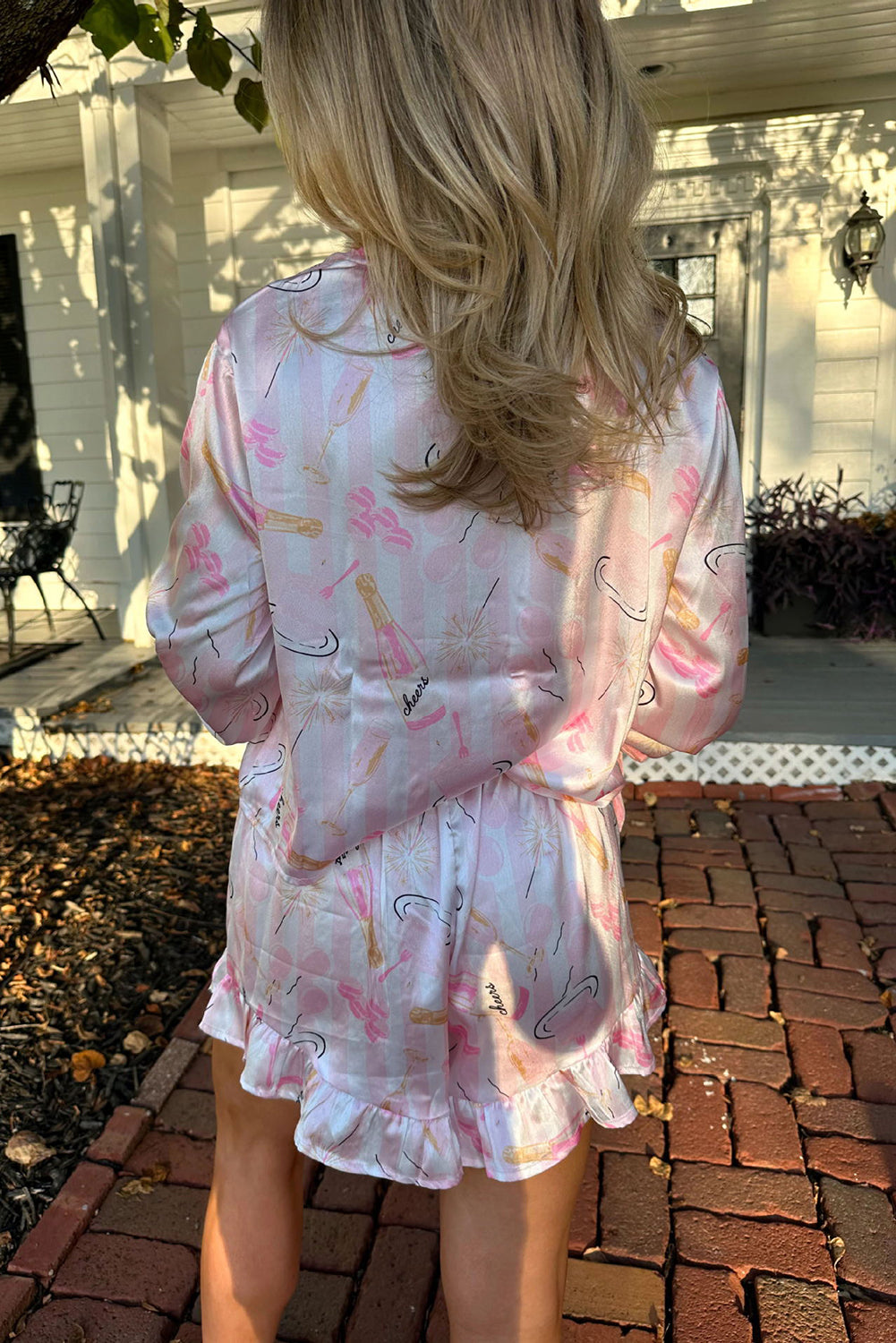 Pink Goblet Print Bell Sleeve Shirt Ruffle Shorts Pajama Set