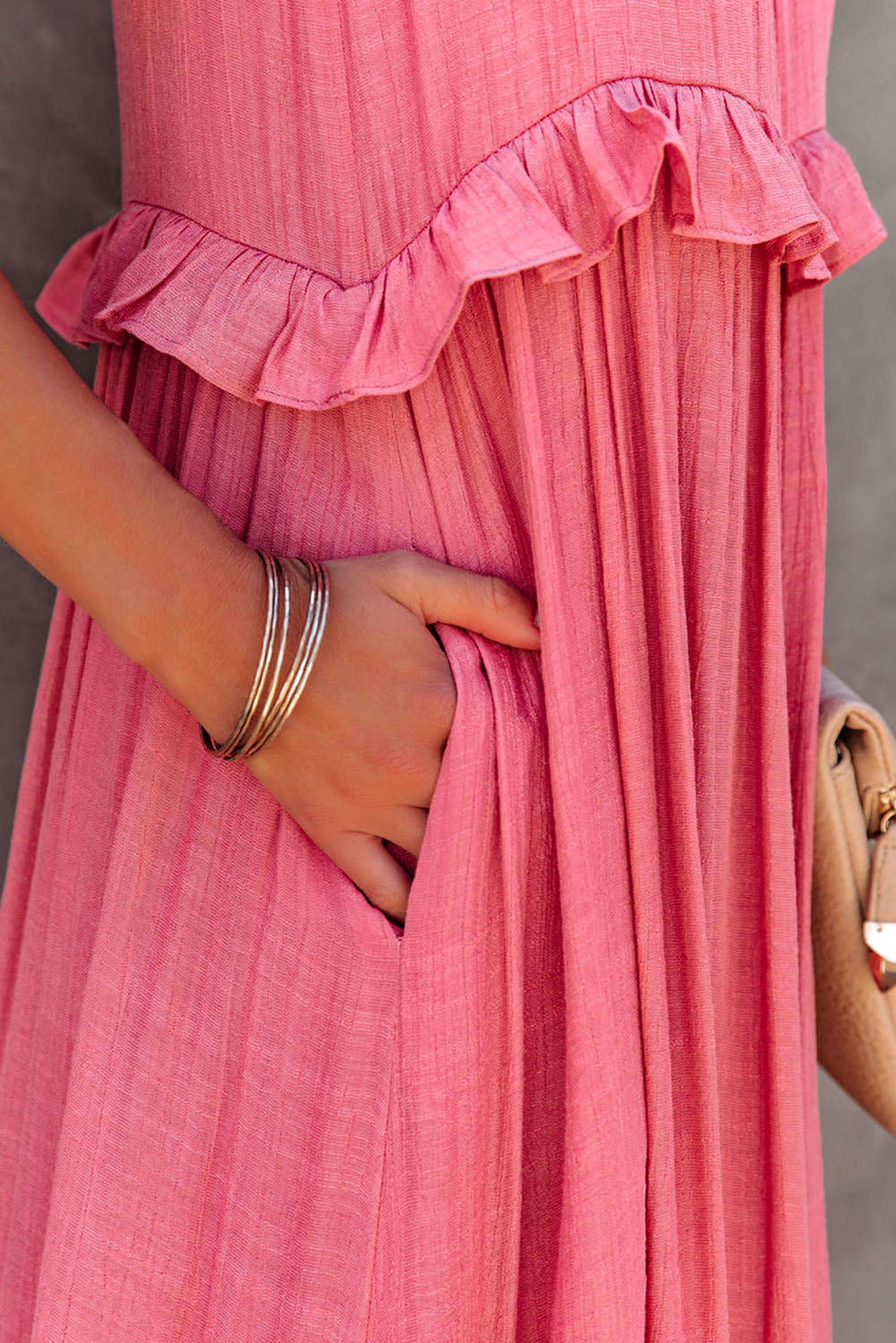 Pink Smocked Neckline Ruffle Hem Flowy Maxi Dress