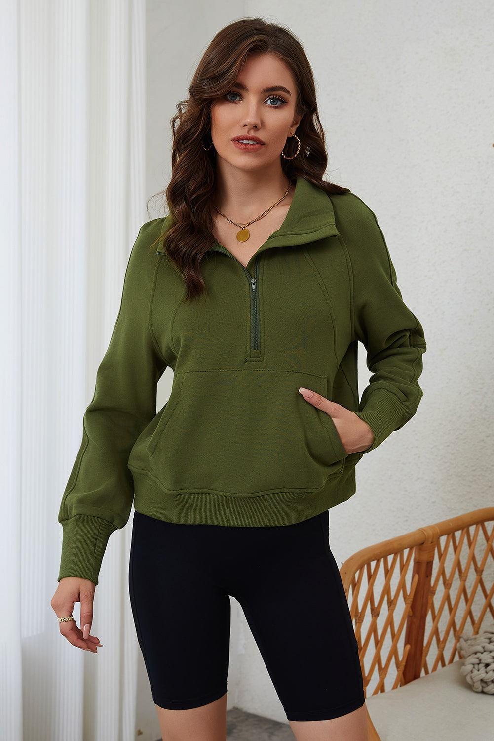 Parchment Quarter Zip Stand Neck Kangaroo Pocket Sweatshirt