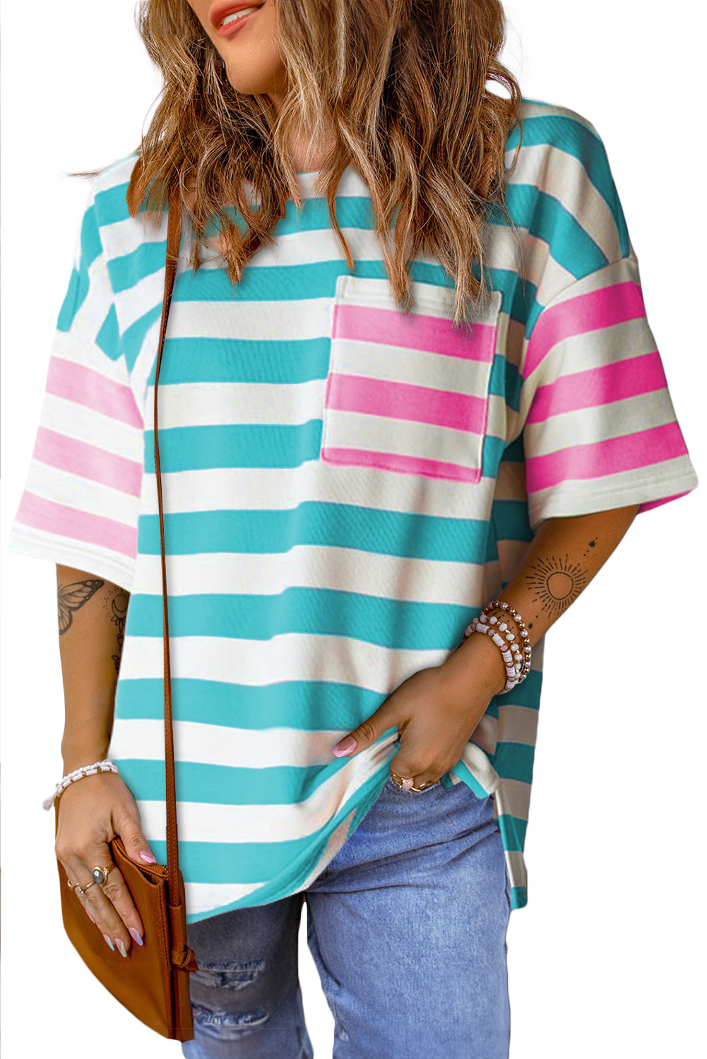 Orange Stripe Patch Pocket Drop Sleeve Slits T Shirt