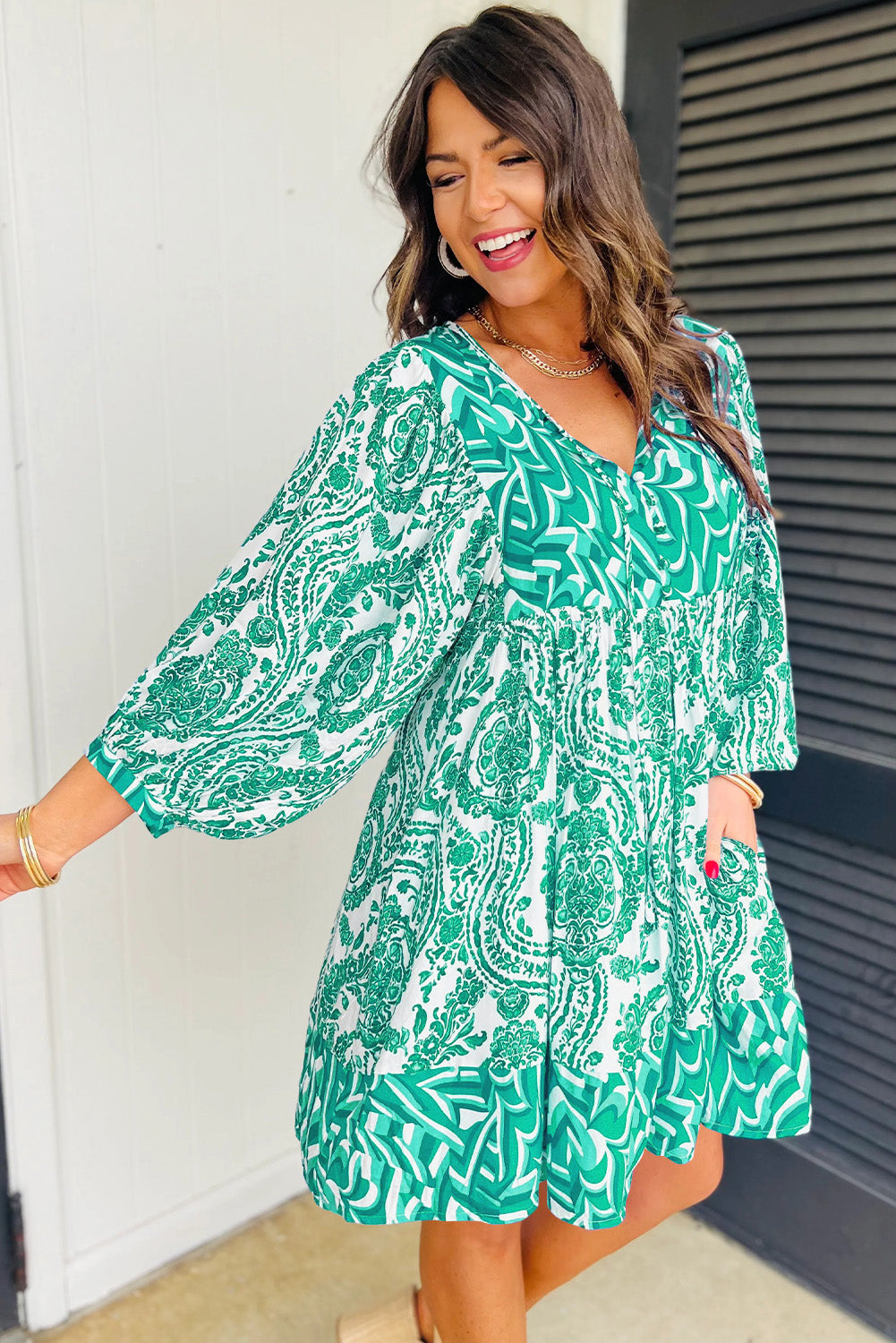 Green Bohemian Print Lantern Sleeve V Neck Flared Mini Dress