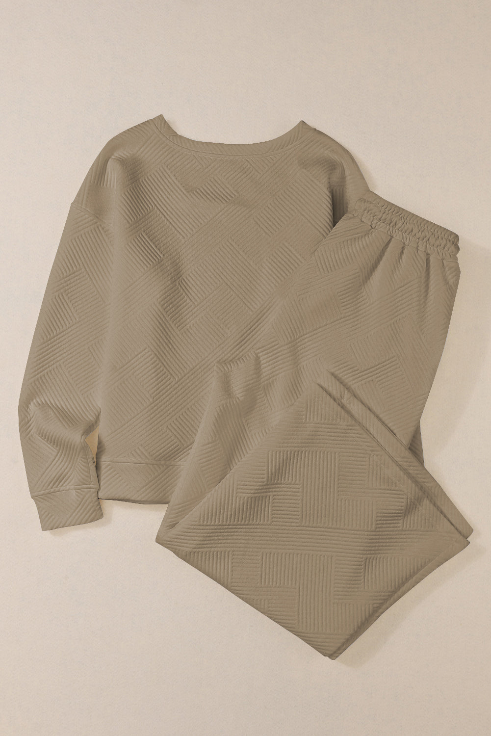 Dark Khaki Textured Loose Slouchy Long Sleeve Top and Pants Set