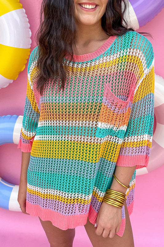 Pink Striped Color Block Hollow Crochet 3/4 Sleeve T Shirt