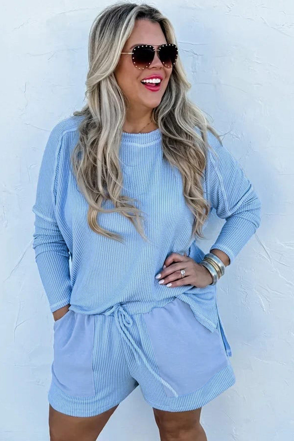 Light Blue Plus Size Ribbed Long Sleeve Top and Drawstring Shorts Set