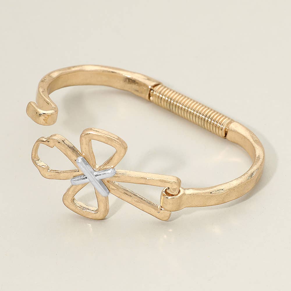 Hammered Metal Open Two Tone Cross Accent Hinged Bangle Bracelet