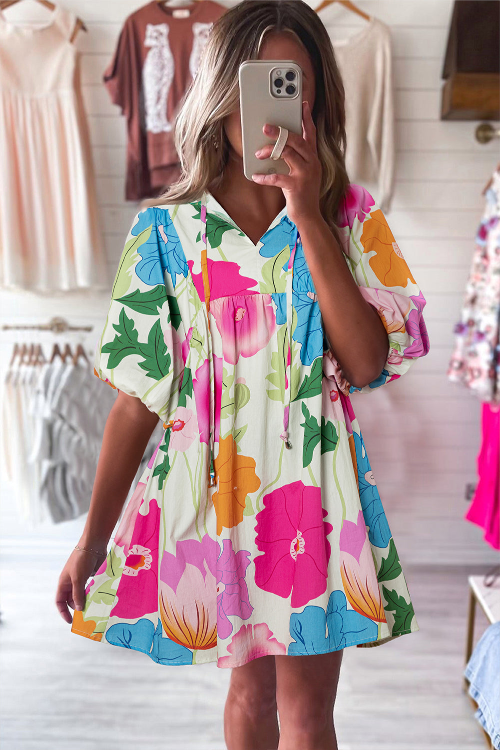 White Puff Sleeve Tied Split Neck Colorful Floral Flowy Dress