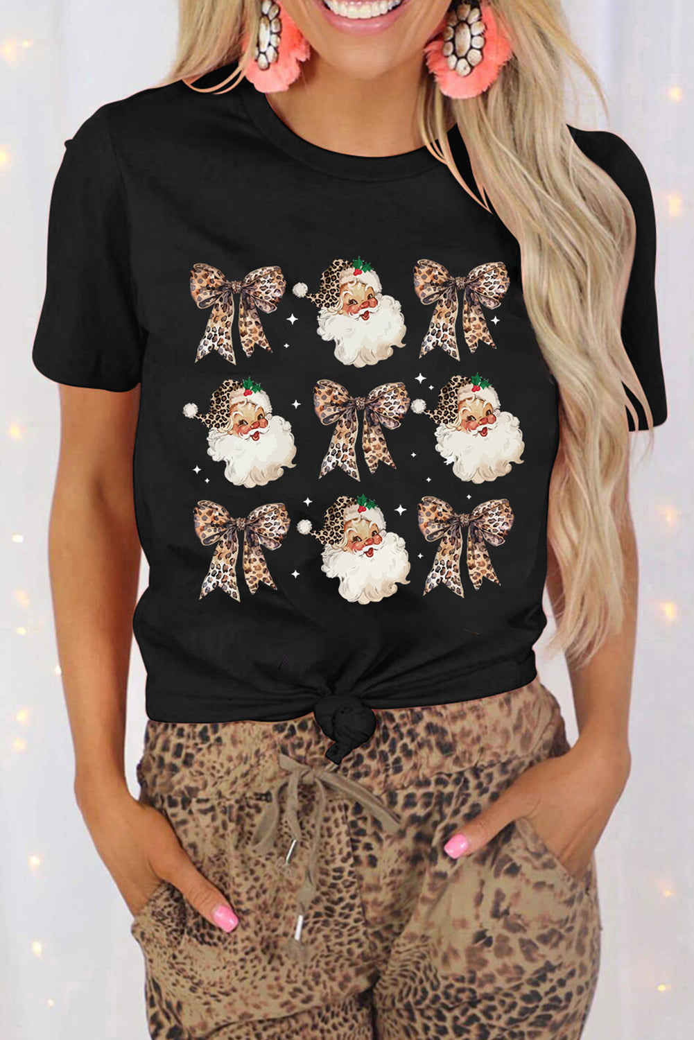 White Santa Claus Leopard Bow Print Crew Neck Graphic T Shirt