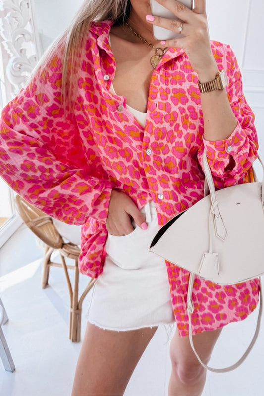 Rose Leopard Print Button-Up Crinkle Shirt