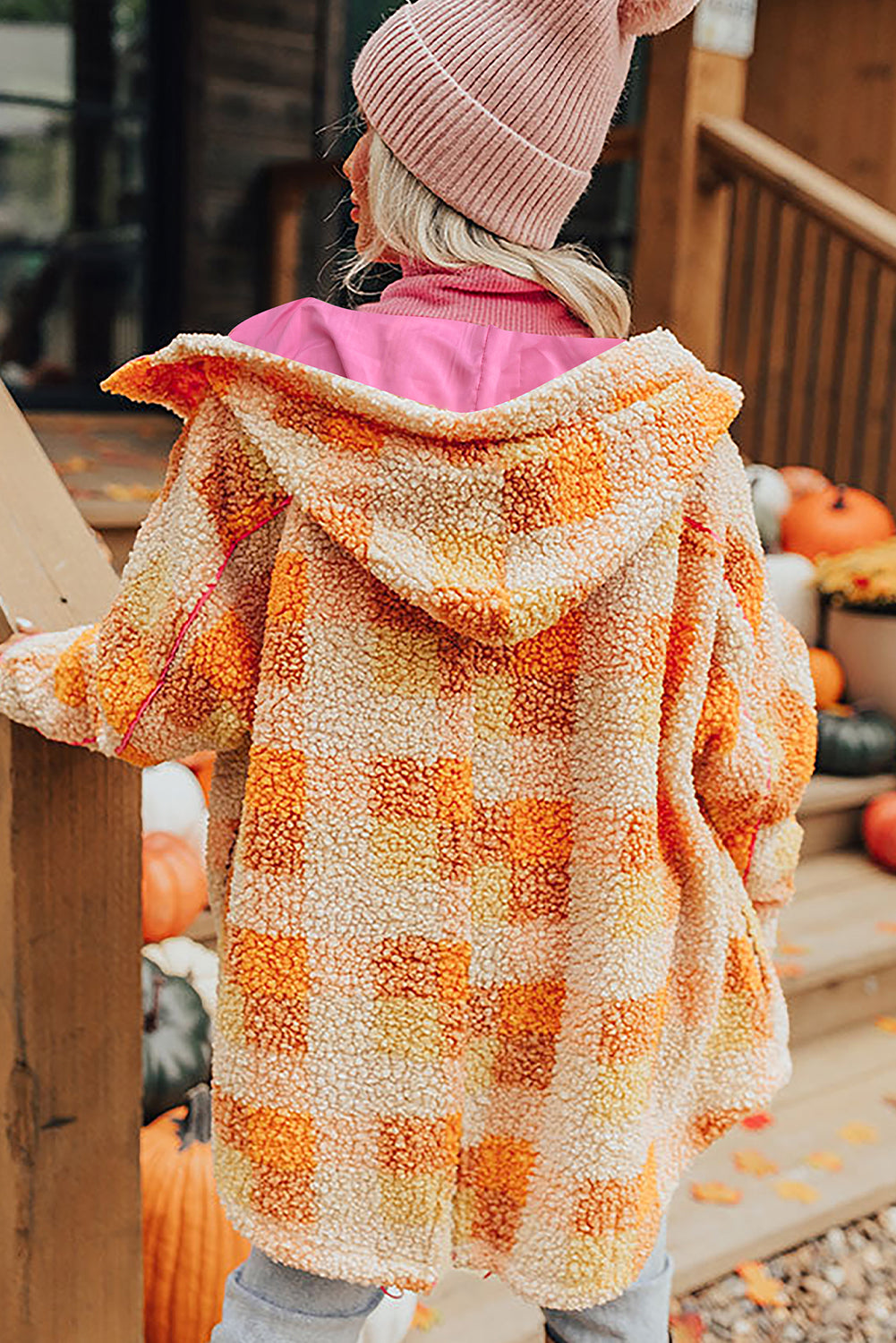 Orange Checkered Sherpa Hooded Jacket