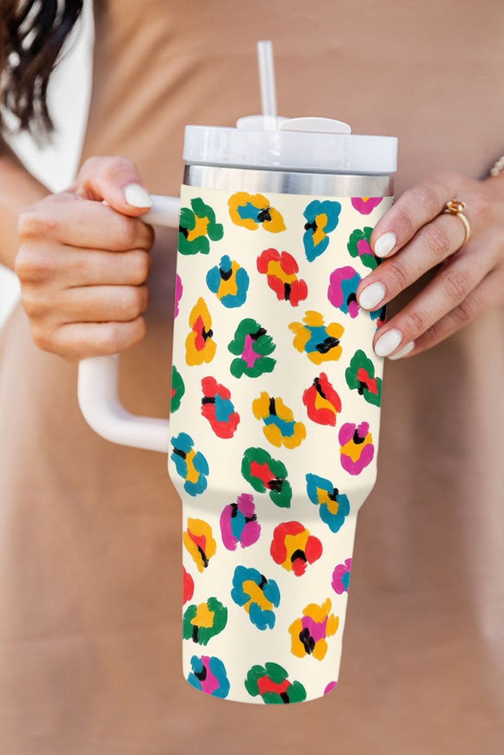 White Leopard Print Handle Stainless Tumbler 40oz