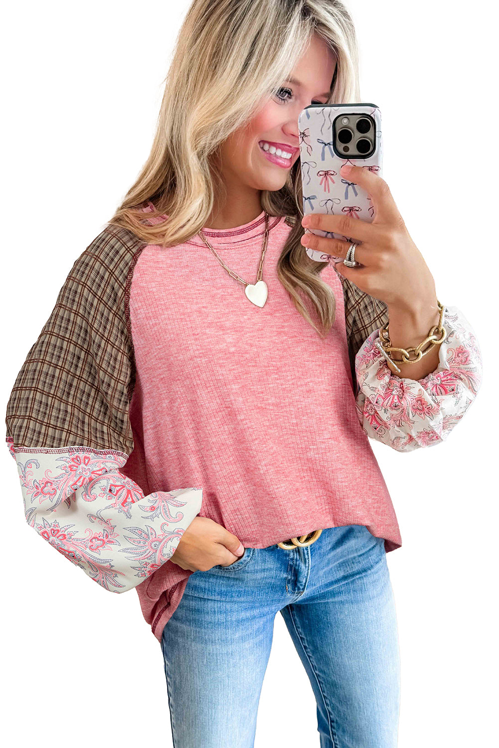 Fushia Floral Plaid Mixed Print Patchwork Raglan Ribbed Top