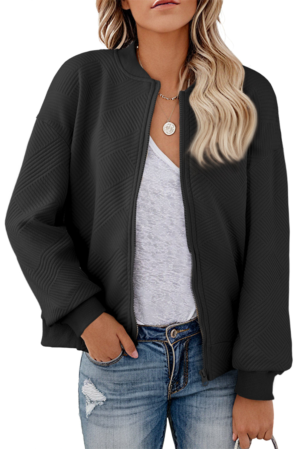 Black Plain Textured Stand Neck Zipper Bomber Jacket