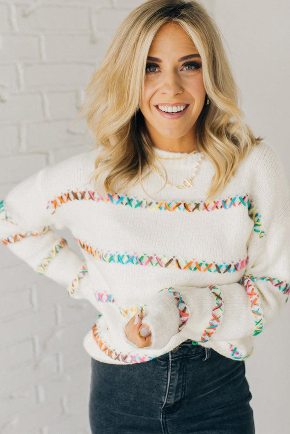 White Colorful Cross Stitch Drop Shoulder Sweater