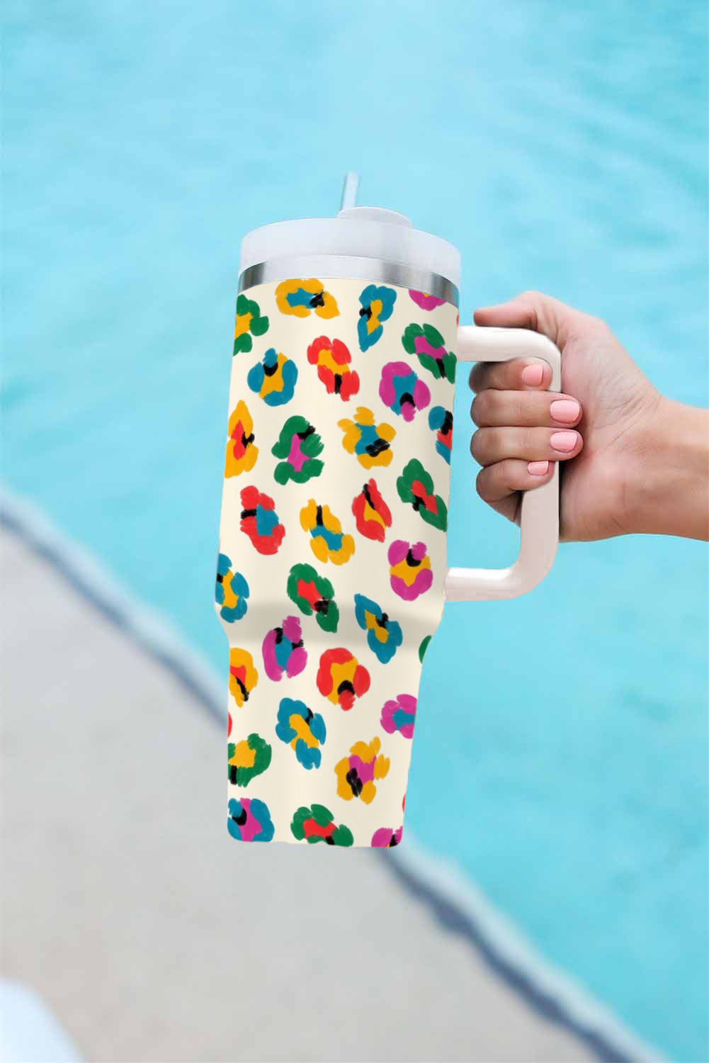 White Leopard Print Handle Stainless Tumbler 40oz