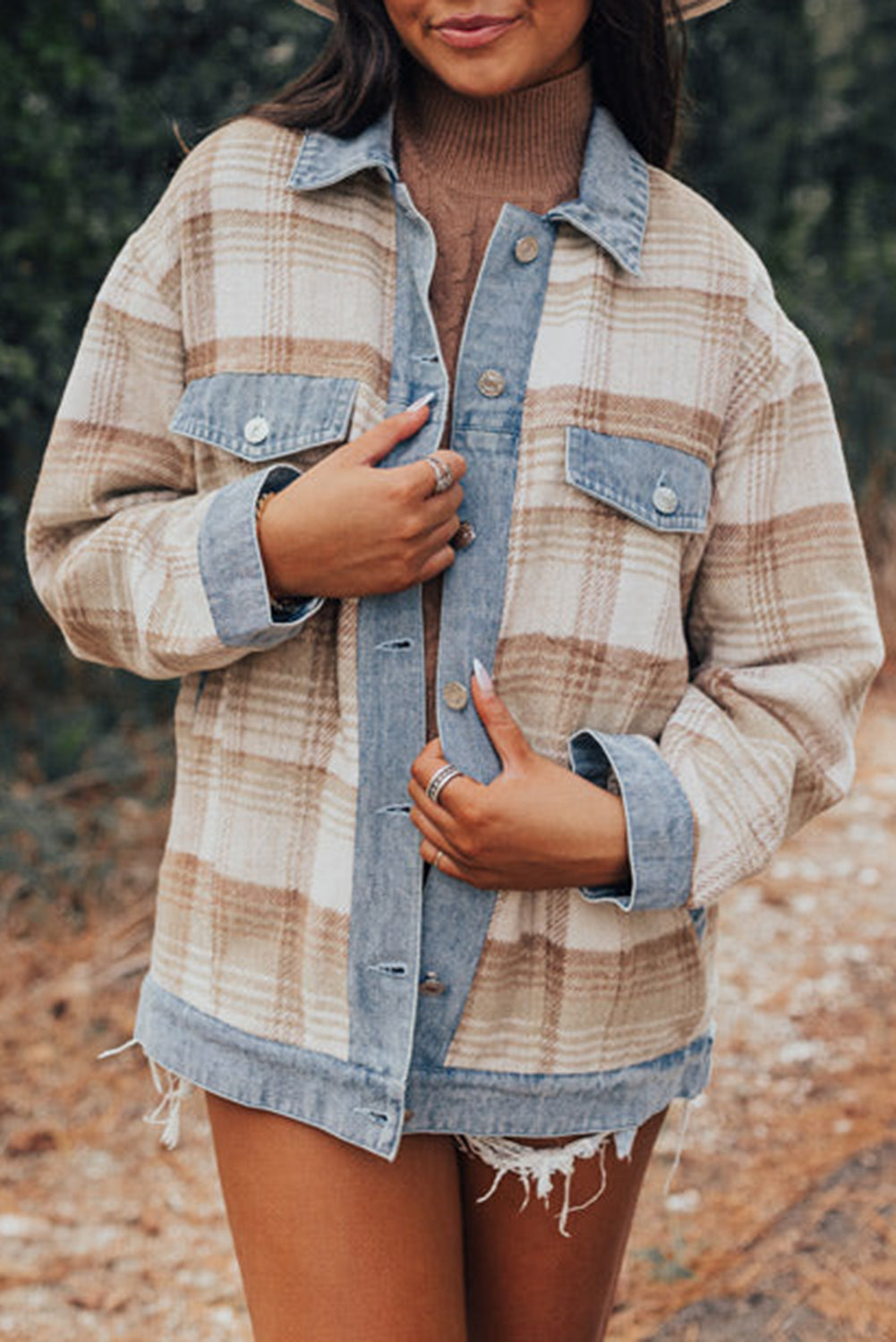 Light Beige Plaid Patchwork Flap Pocket Button Up Shacket