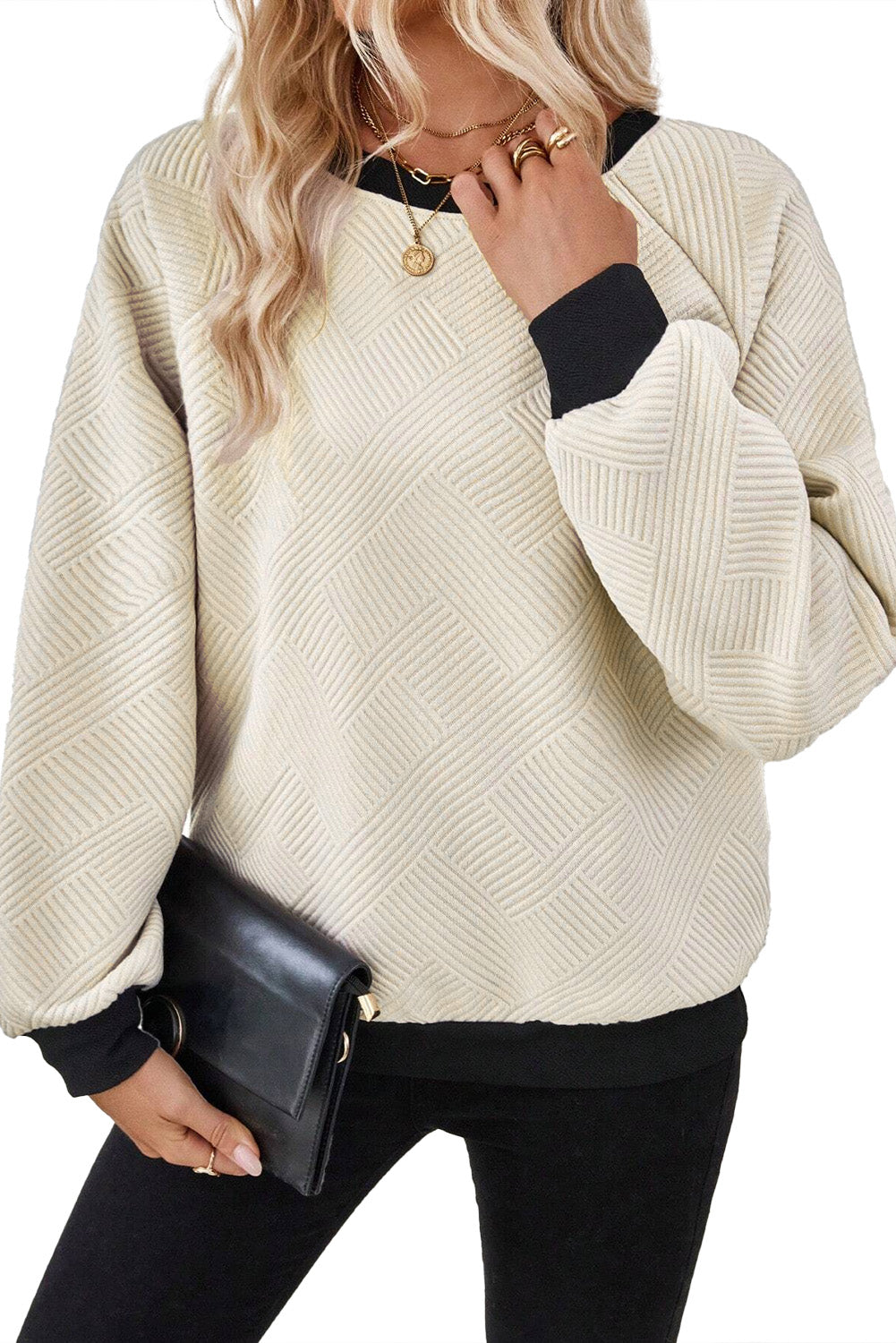 Jet Stream Textured Contrast Trim Raglan Sleeve Top