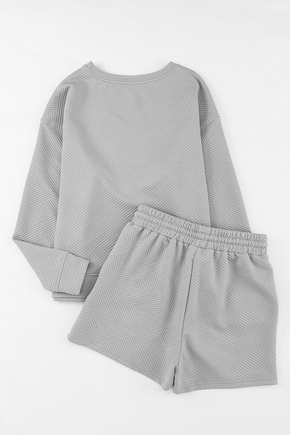 Gray Textured Long Sleeve Top & Drawstring Shorts Set