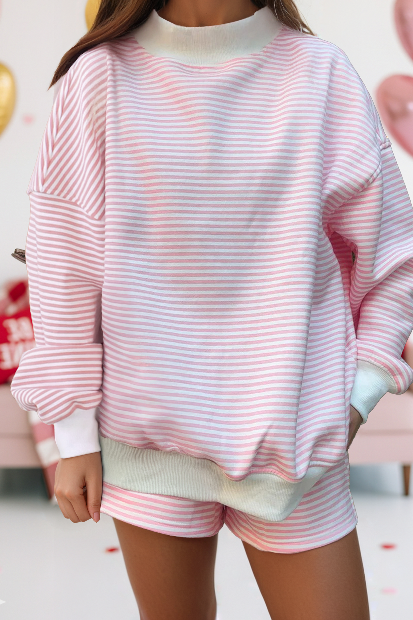 Stripe Oversize Mock Neck Sweatshirt and Shorts Set