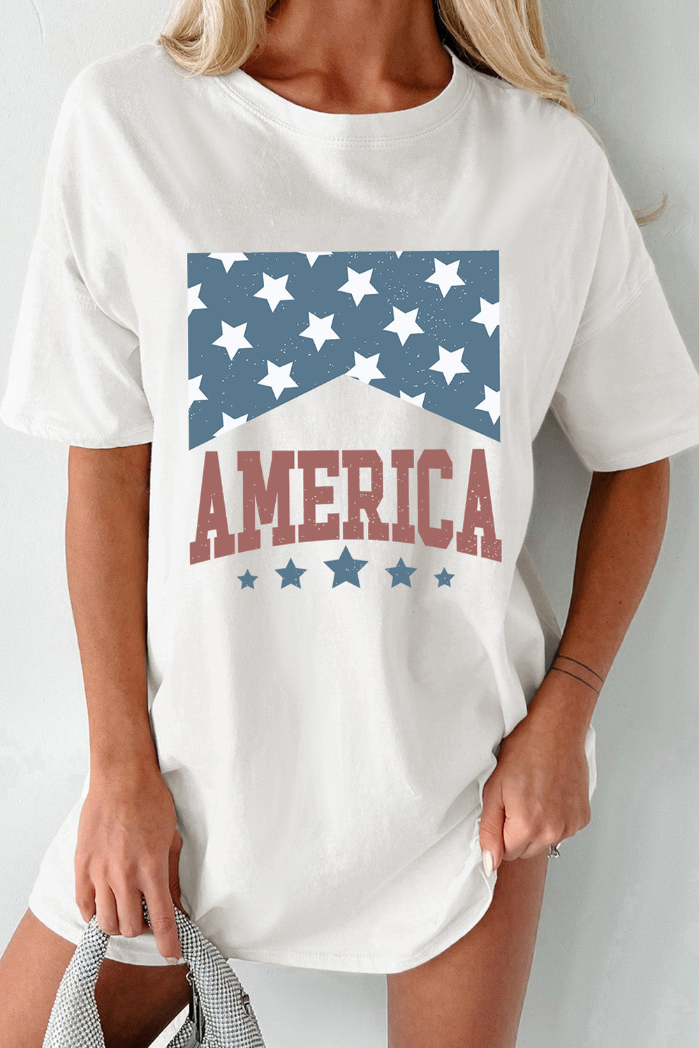 White AMERICA Stars Graphic Round Neck Oversized T Shirt