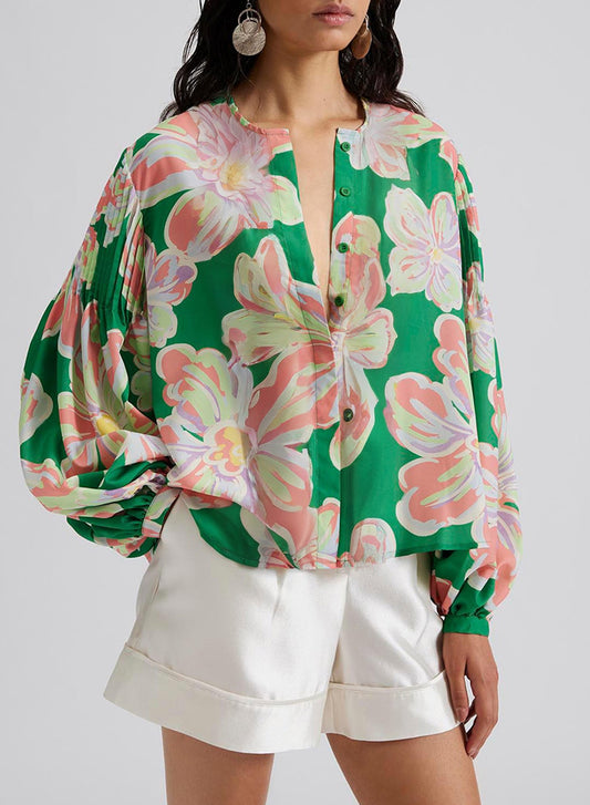 Green Floral Pleated Puff Sleeve Blouse