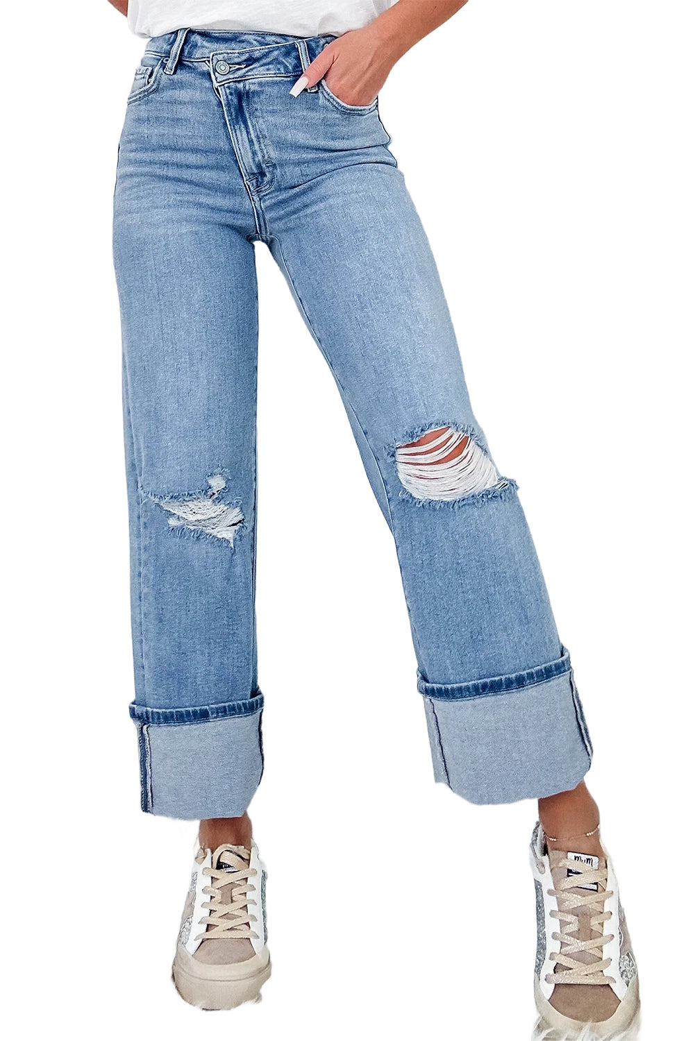 Dusk Blue High Rise Asymmetric Button Zip Fly Ripped Jeans