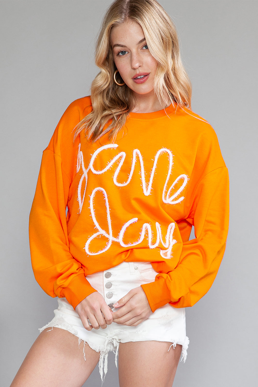 Orange Game Day Contrast Trim Long Sleeve Top