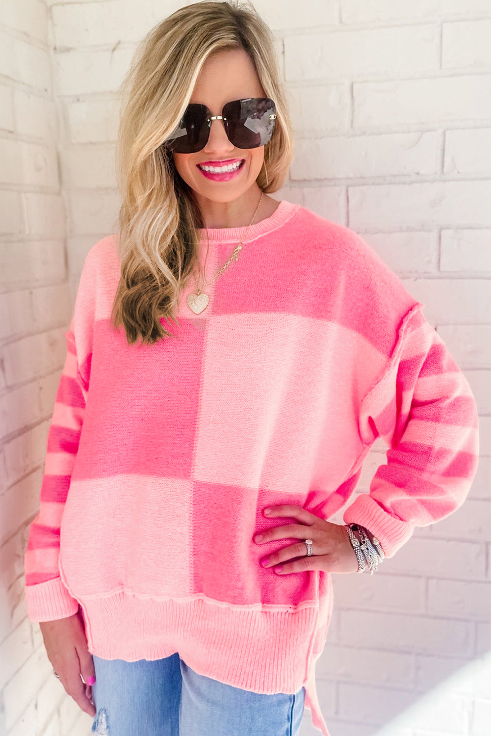 Pink Checkered Color Block Striped High Low Sweater