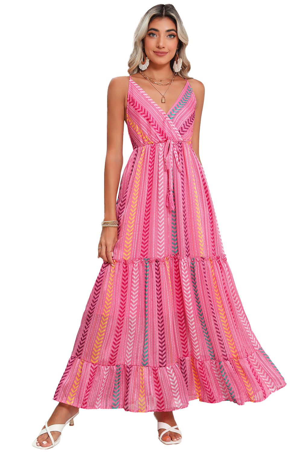 Wholesale Pink Boho Tassel Tie V Neck Wrapped Maxi Dress