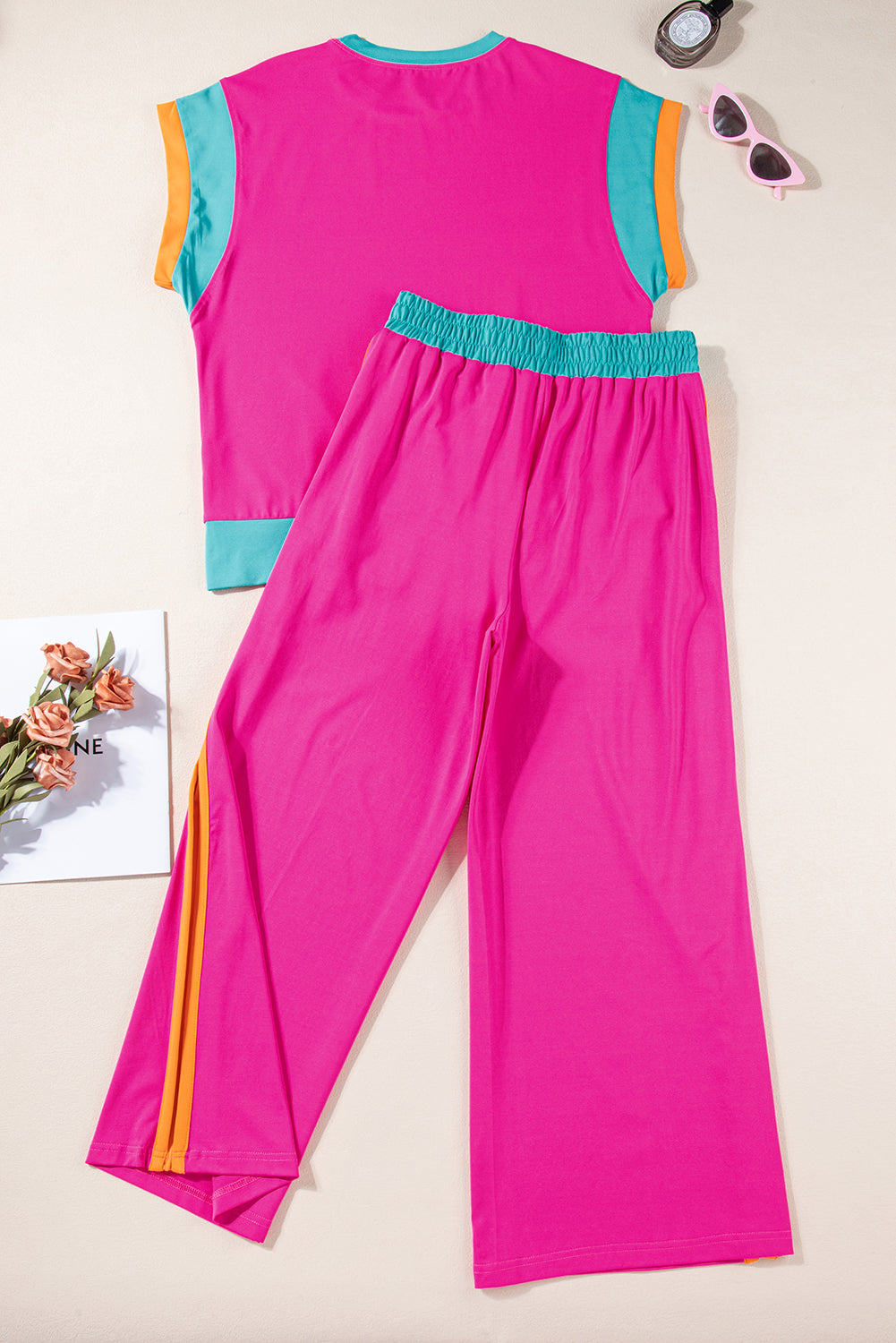 Strawberry Pink Colorblock Cap Sleeve Tee and Wide Leg Pants Set