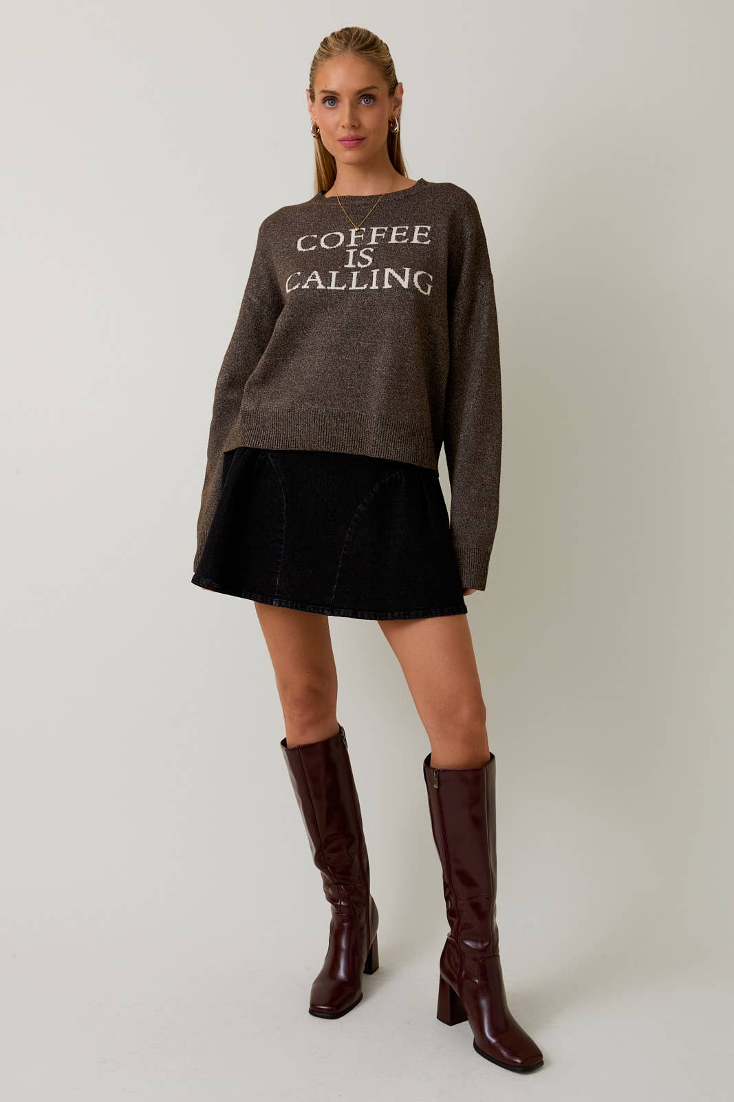 CREW NECK 'COFFEE IS CALLING' SWEATER TOP