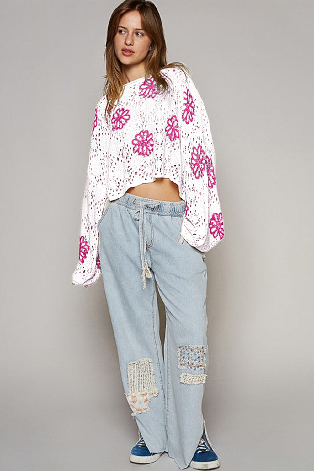 White Flower Print Drop Shoulder Hollow Knit Sweater