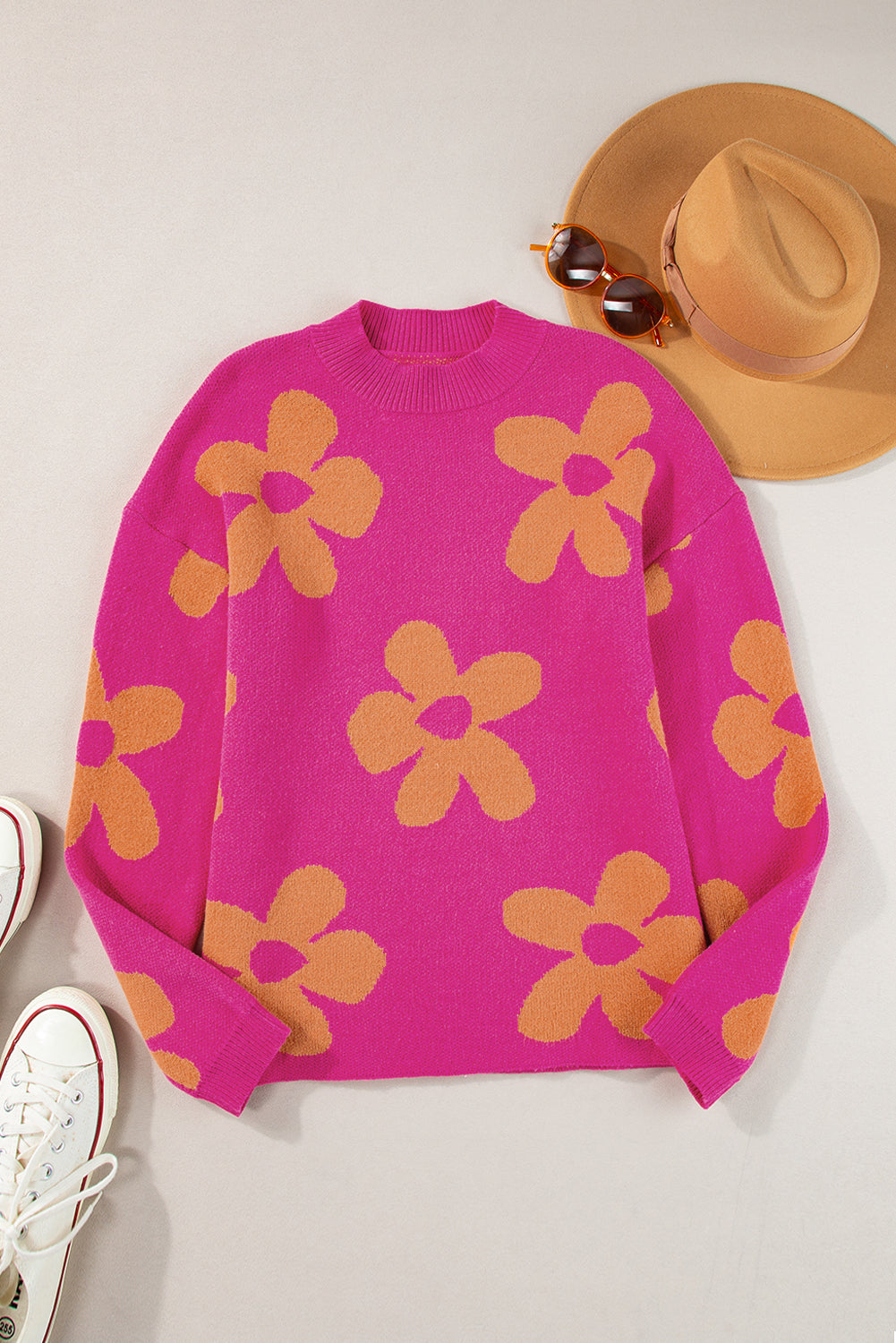 Rose 60s Vintage Flower Pattern Long Sleeve Sweater