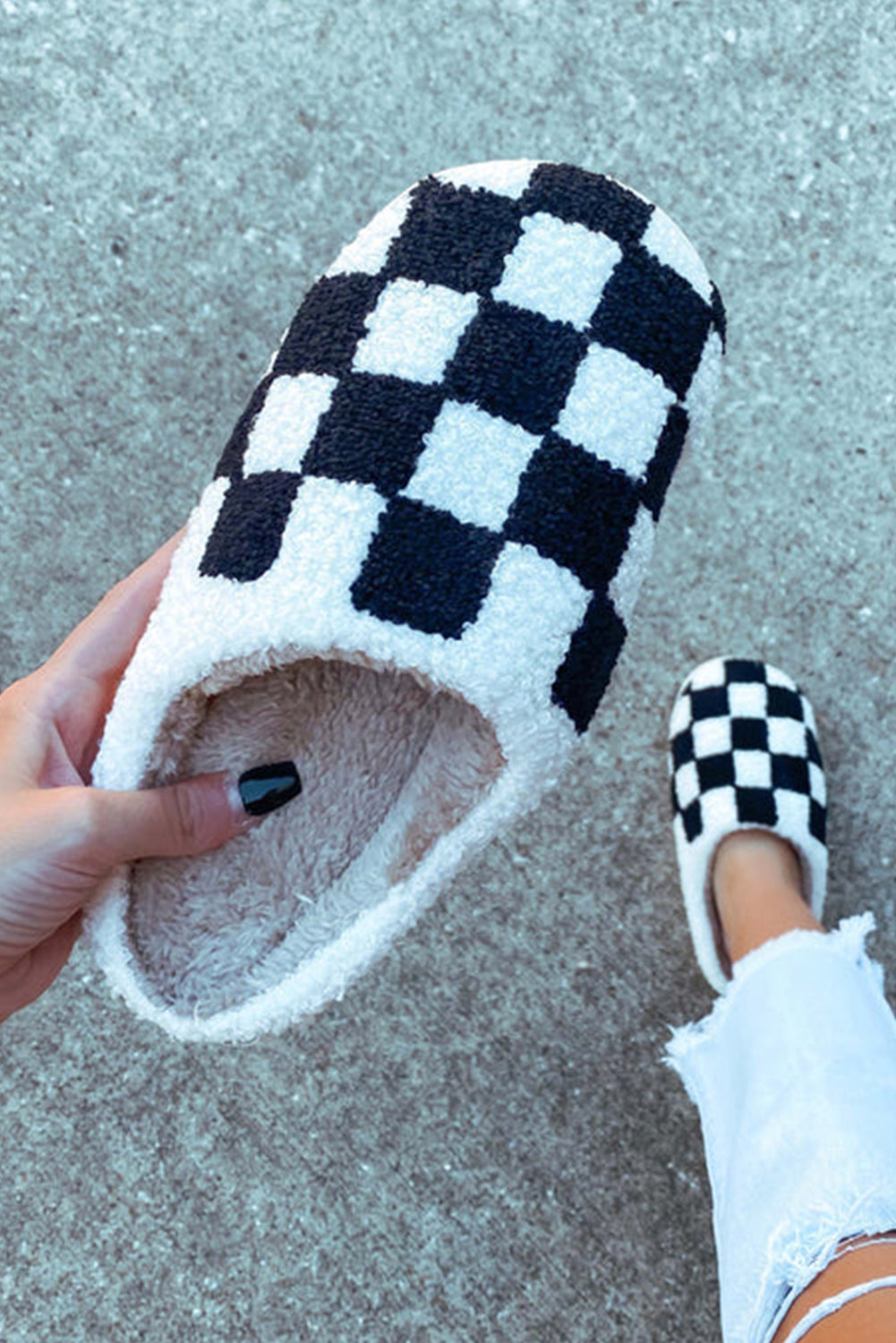 Grass Green Checkered Print Fuzzy Slip On Winter Slippers