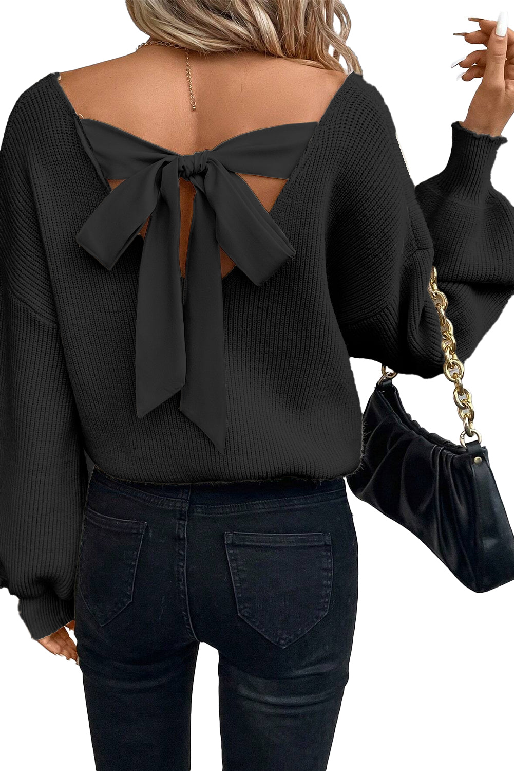 Black Lantern Sleeve V Neck Bowknot Back Sweater