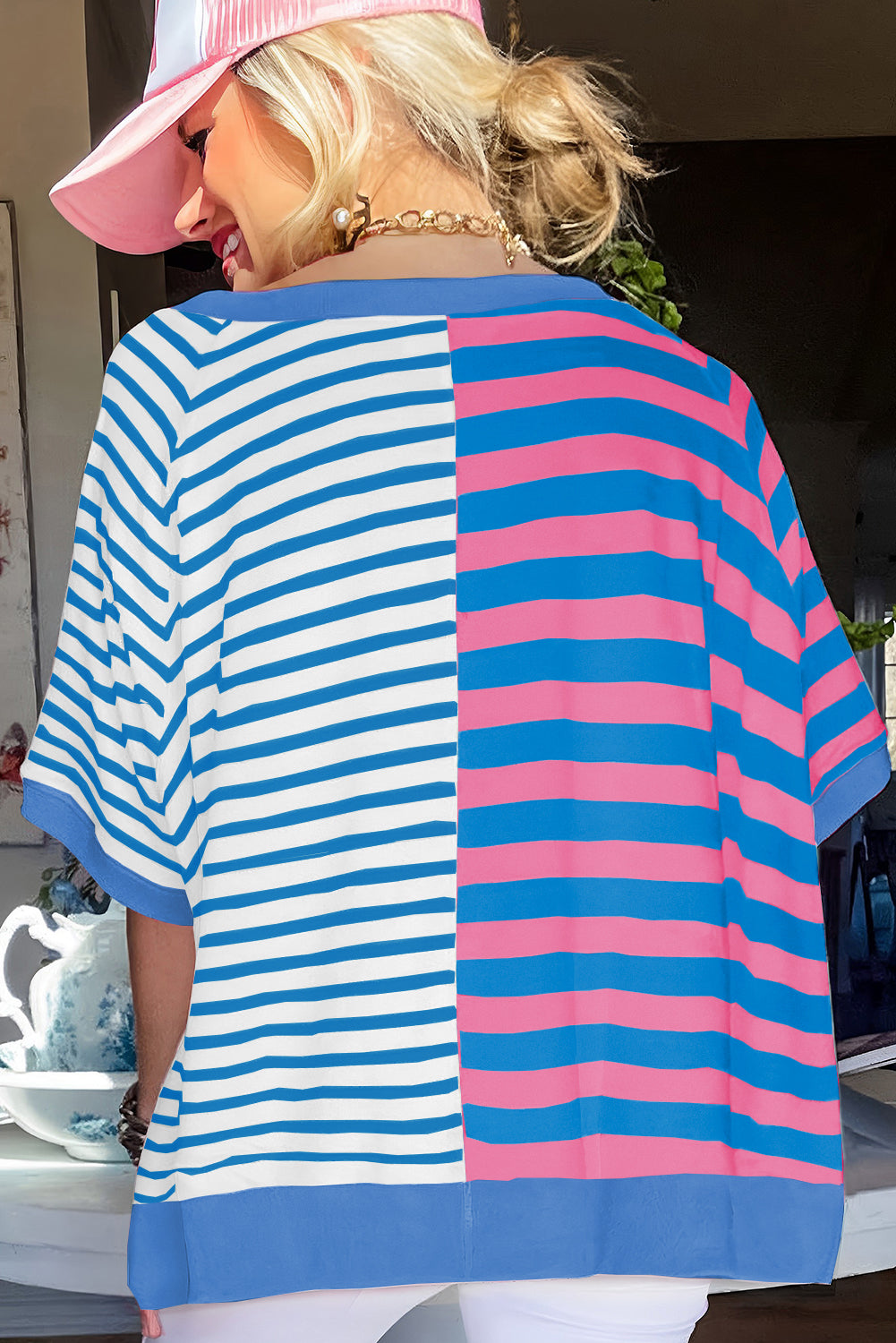 Blue Stripe Contrast Colorblock Oversized T Shirt