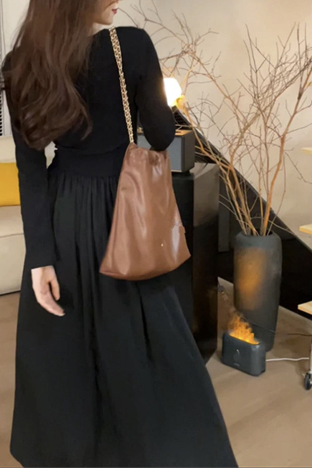 Black V-Neck Pinch Pleat Waisted Long Sleeve Maxi Dress