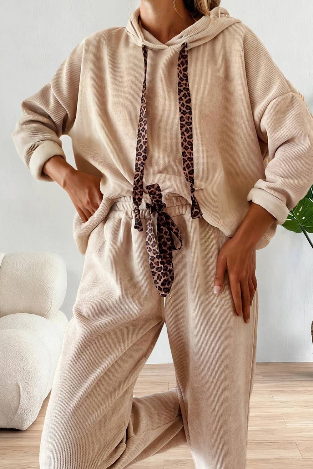 Drawstring Pullover Hoodie and High Waist Pants Corduroy Set