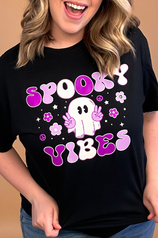 Black SPOOKY VIBES Ghost Flower Graphic Crew Neck T Shirt