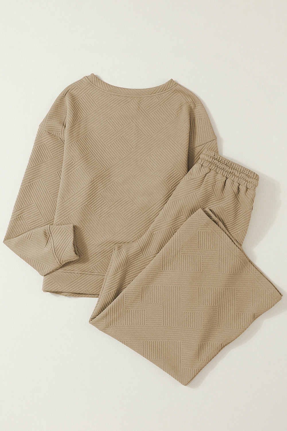 Dark Khaki Textured Loose Slouchy Long Sleeve Top and Pants Set