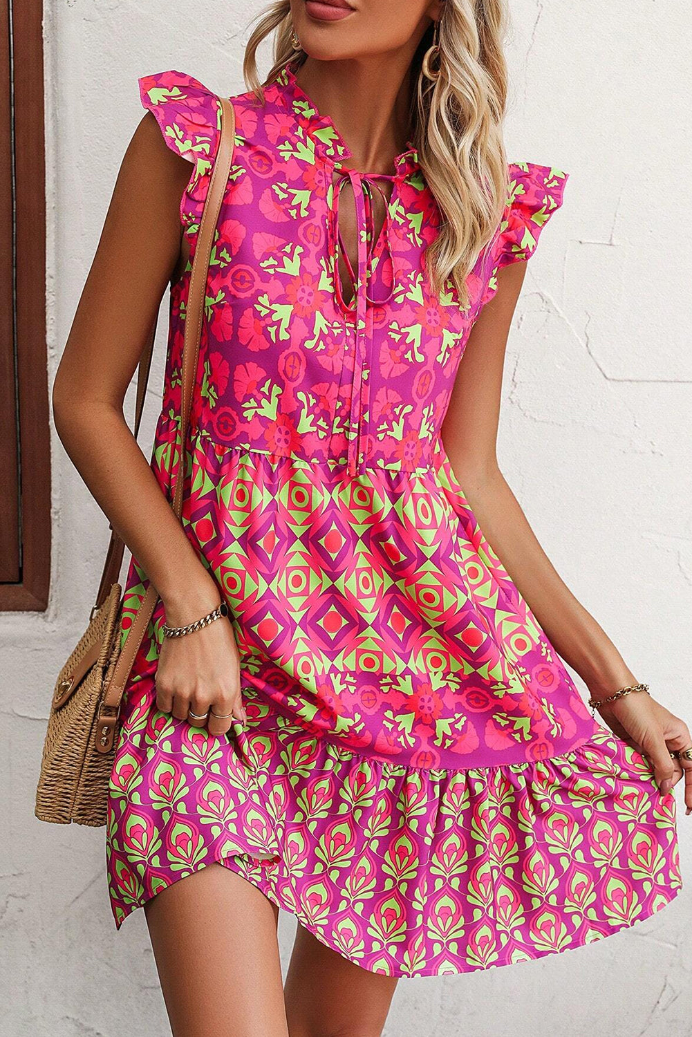 Sachet Pink Floral Print Ruffle Sleeveless Tie Neck Short Dress