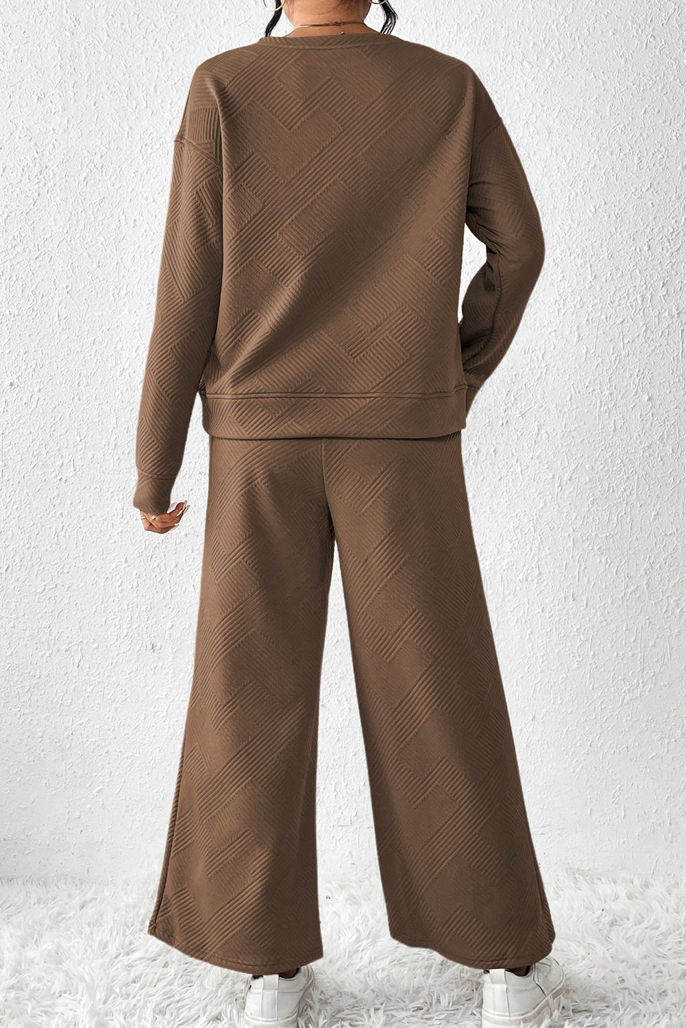 Dark Khaki Textured Loose Slouchy Long Sleeve Top and Pants Set