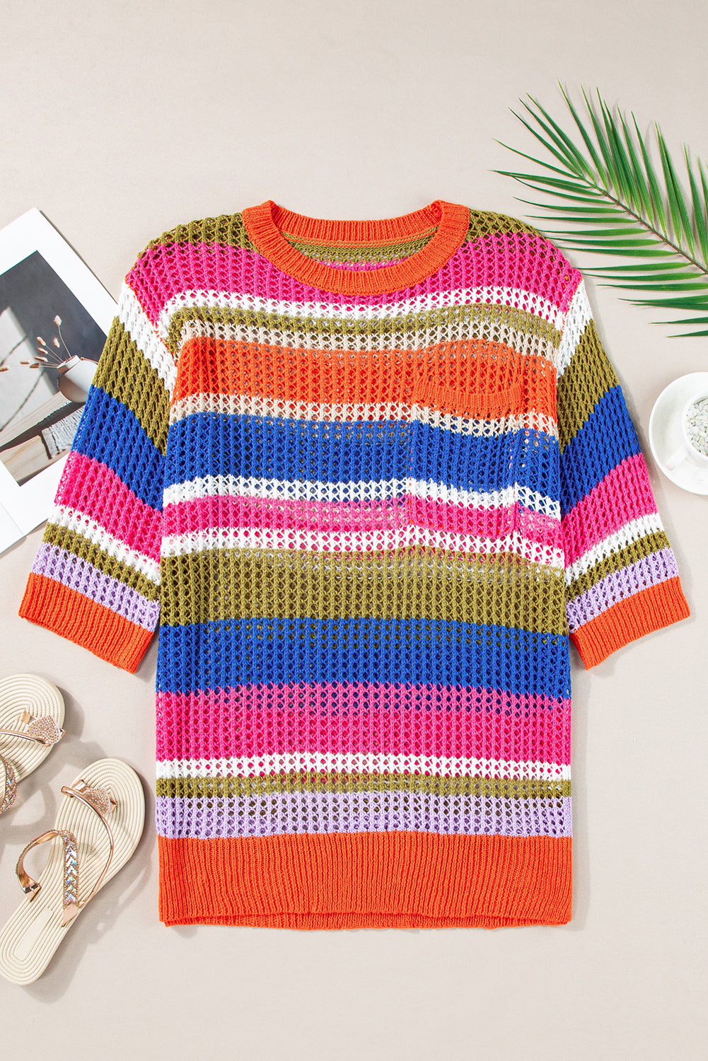 Orange Striped Color Block Hollow Crochet 3/4 Sleeve T Shirt