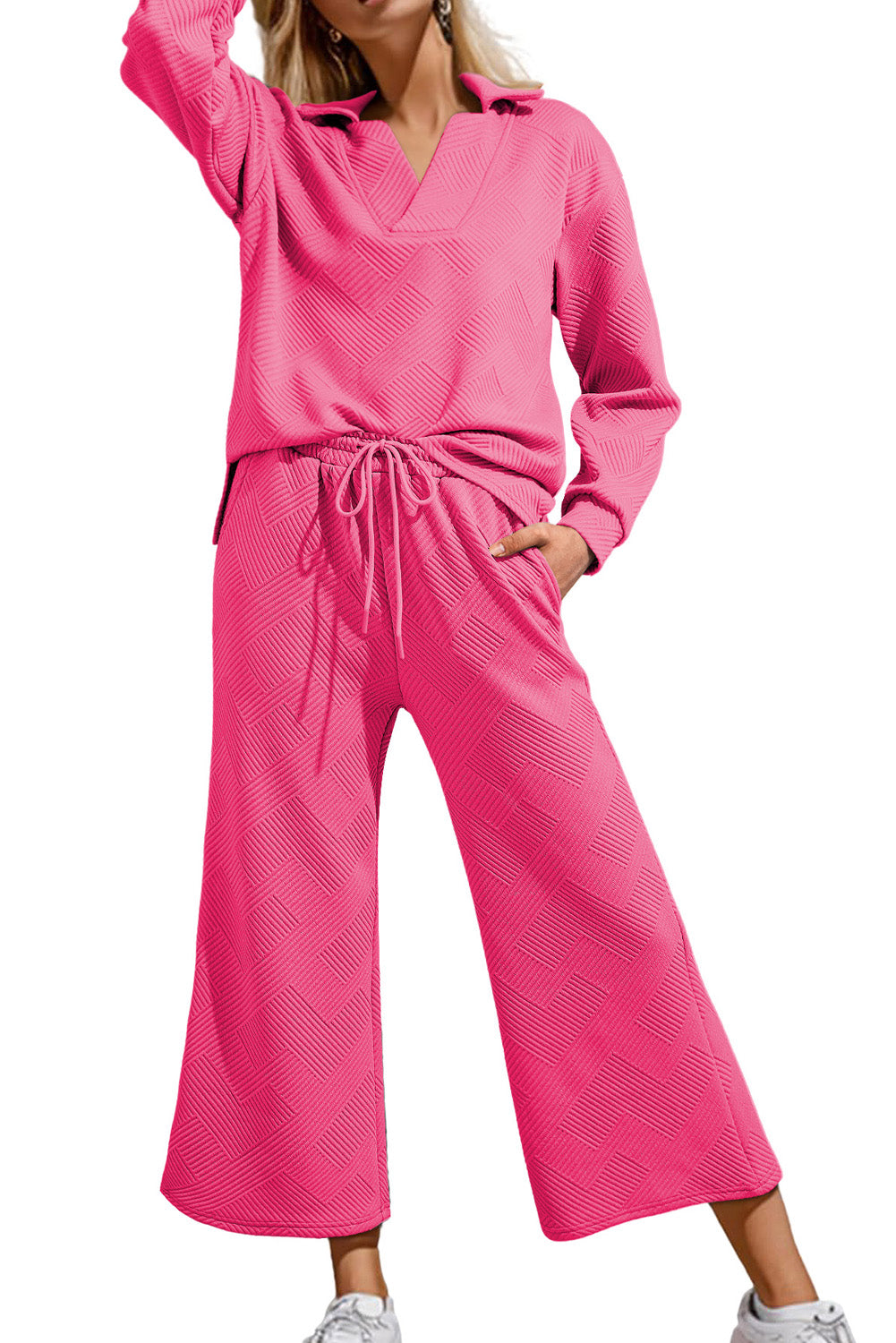 Bonbon Solid Textured Collared V Neck Top and Wide Leg Pants Set