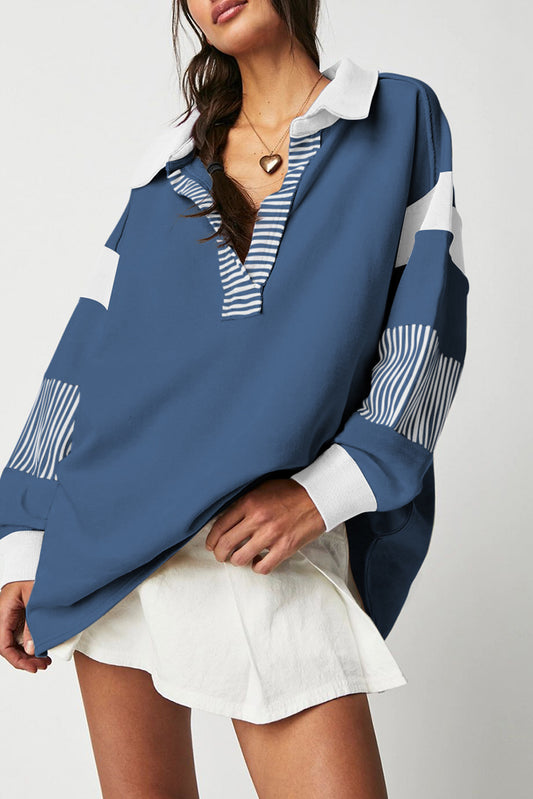 Sail Blue Striped Patchwork Collar Sweatshirt